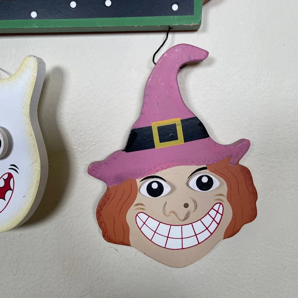 Vintage Halloween Welcome Wood Door Sign Pumpkin Cat Ghost Witch Retro 90s‎